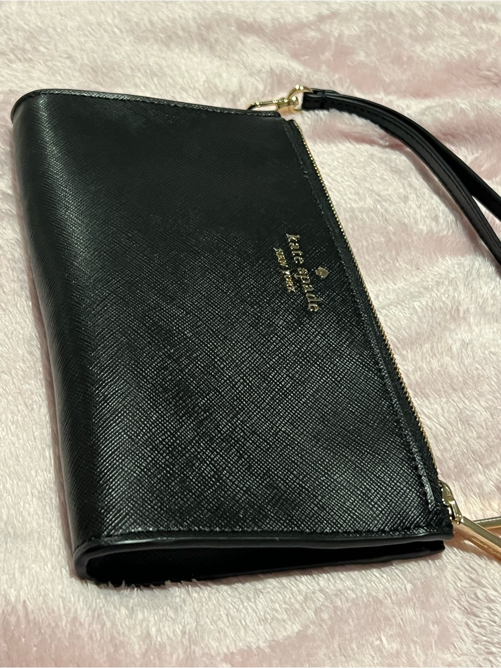 kate spade Black Saffiano Wristlet Clutch with Gold Hardware